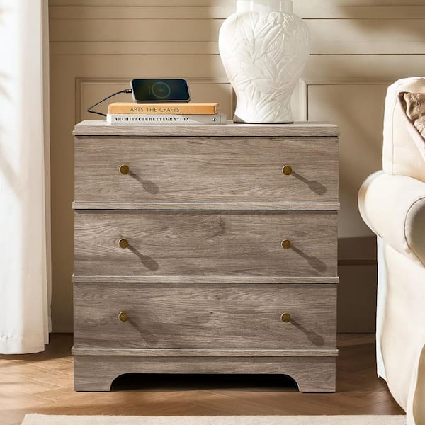Carla Grey 3-Drawer 26 in. W Nightstand with Built-In Charging Station
