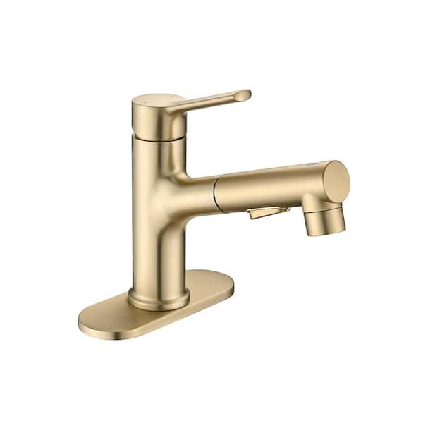 Single Handle Single Hole Bathroom Faucet with Pull Out Sprayer, Sink Basin Vanity Taps with Drain Assembly Brushed Gold