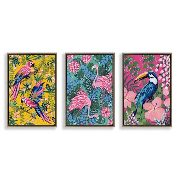 Stupell Industries Tropical Birds & Botanicals by Yvette St. Amant 3 Pieces Brown Floater Frame Animal Graphic Art Print 31 in. x 21 in.