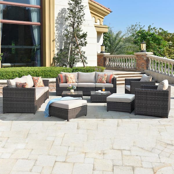 XIZZI Harper Gray 12-Piece Wicker Outdoor Sectional Set with Beige Cushions