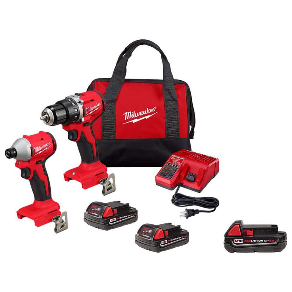 Milwaukee M18 18V Lithium-Ion Brushless Cordless Compact Drill/Impact Combo Kit (2-Tool) w/(3) 2.0Ah Batteries -  3692-22CT-1820