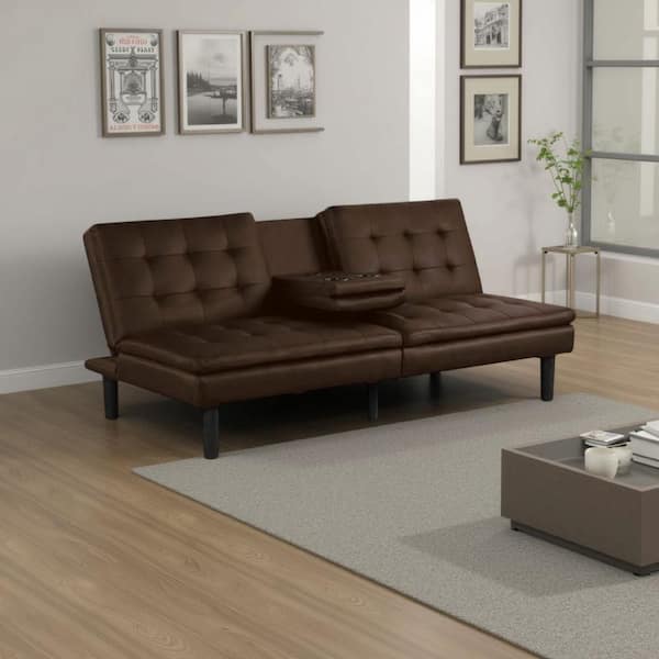 Berie 71.5 in. Brown and Black Faux Leather Standard Futon Twin Size Sofa Bed with Drop-Down Tray and Cupholder