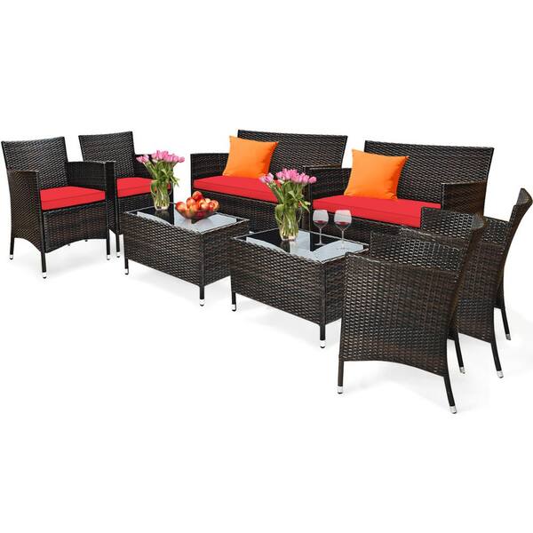 Gymax 8 Pieces Patio Wicker Rattan Conversation Furniture Set Outdoor w/Brown & Red Cushion