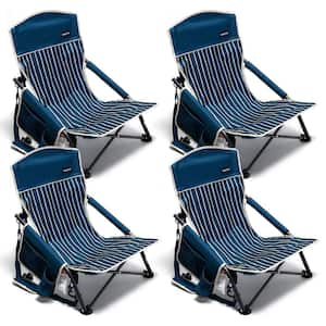 Outdoor Metal Frame Dark Blue Folding Beach Chair with Side Pocket (Set of 4)