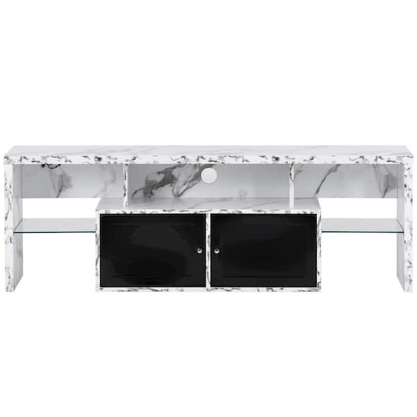 Tidoin Modern 59 in. White Wood 2-Tier TV Stand Console Table with 2-Storage Doors Fits TV's up to 65 in. with LED Lights