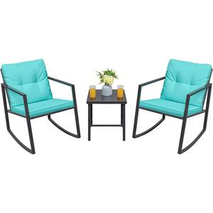 3-Piece Metal Outdoor Bistro Set with Blue Cushion and Glass Coffee Table