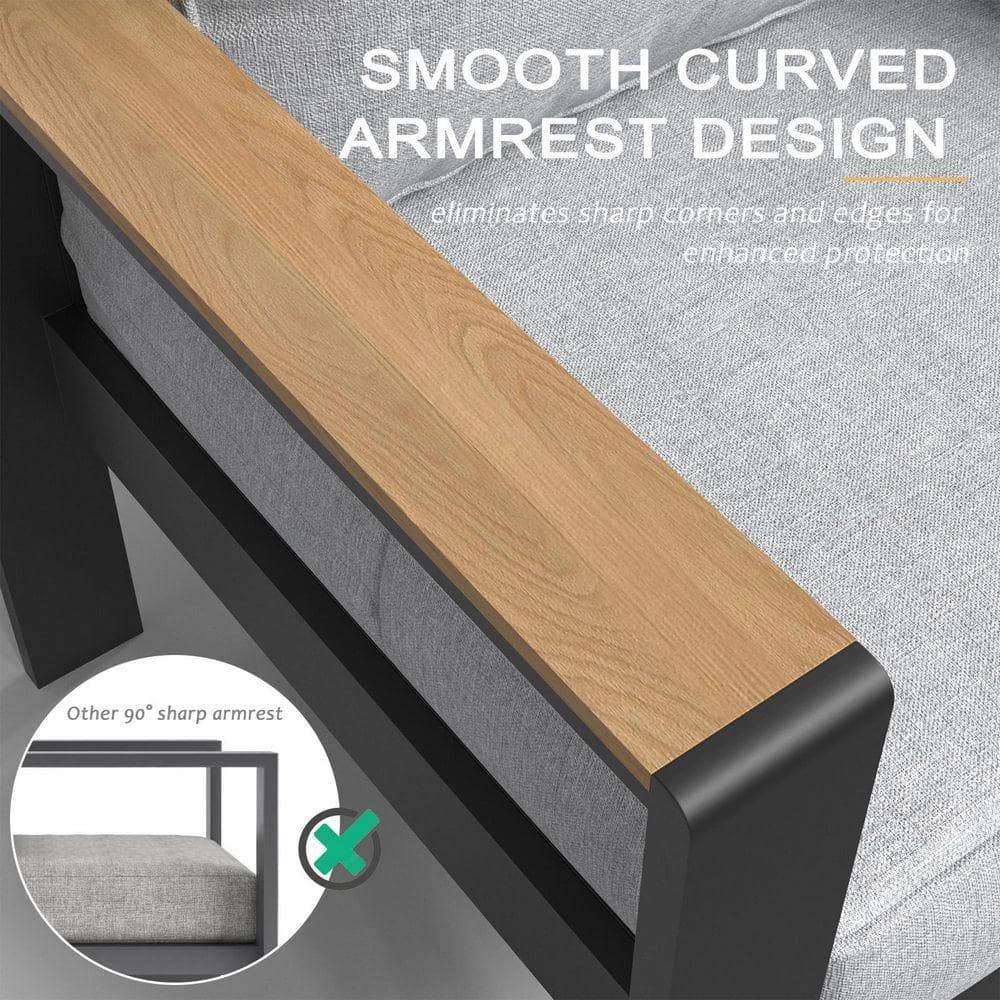 Detail of a smooth curved armrest with wood-plastic composite finish.