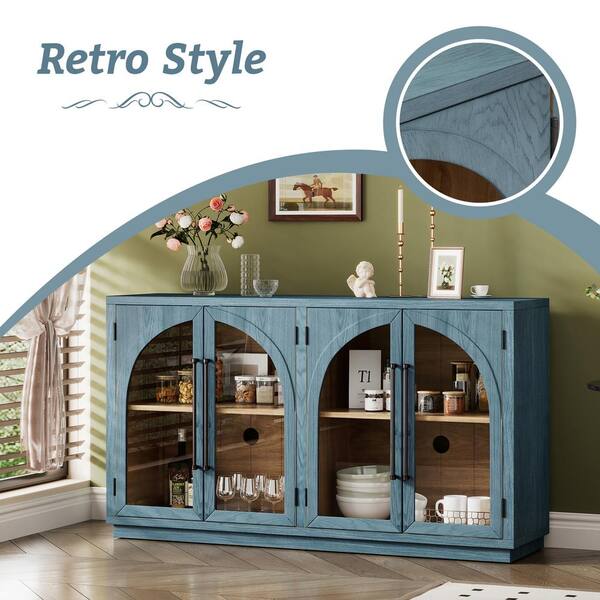 JUJABU Navy Blue MDF Wood 60 in. 4-Door Large Storage Retro