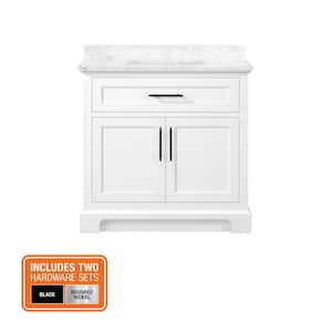 Doveton 36 in. Single Sink Freestanding White Bath Vanity with White Engineered Marble Top (Assembled)