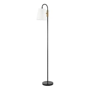 Beck 60 in. 1-Light Matte Black with Brass Accents Floor Lamp and White Fabric Shade