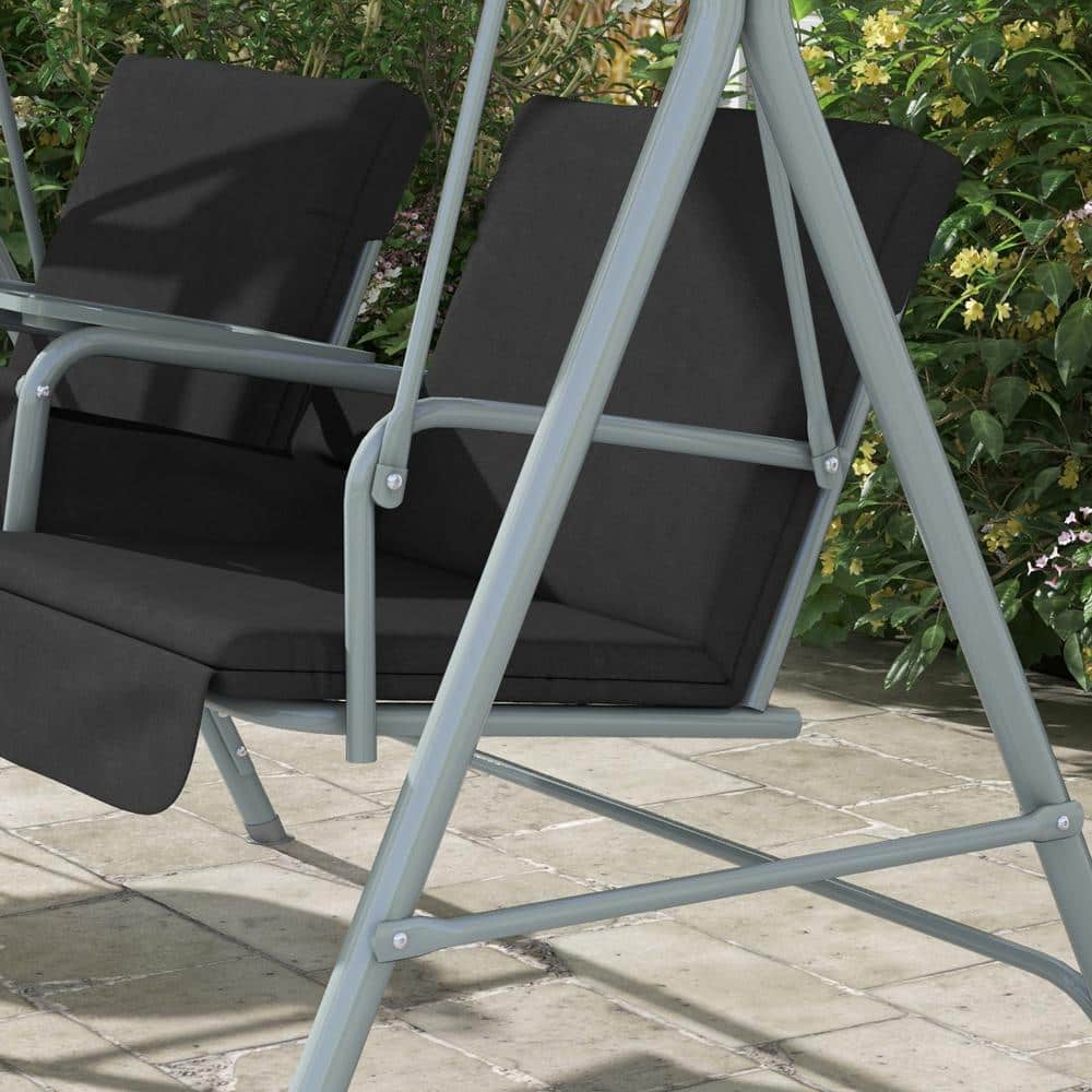 Black Metal 2-Person Porch Swing with Canopy and Cushions