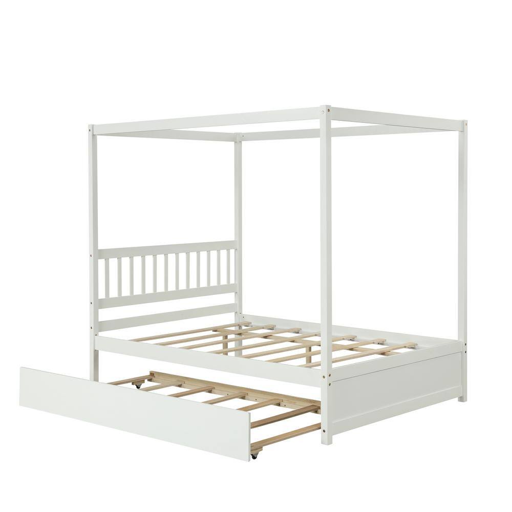 URTR 57 in. W White Wood Frame Full Size Canopy Bed with Trundle