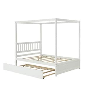 57 in. W White Wood Frame Full Size Canopy Bed with Trundle, Headboard Canopy Platform Bed with Support Slats