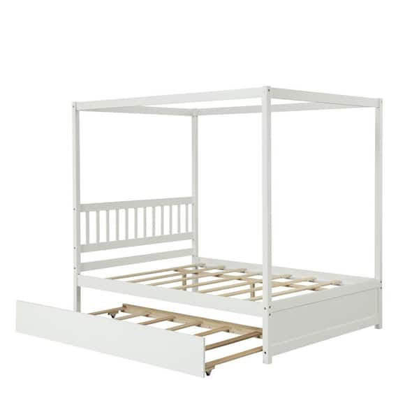 URTR 57 in. W White Wood Frame Full Size Canopy Bed with Trundle, Headboard Canopy Platform Bed with Support Slats