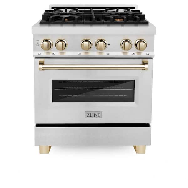 ZLINE Kitchen and Bath Autograph 30 in. Legacy Dual Fuel Range with 4 Burners and Electric Oven in Satin Stainless Steel and Gold Accents