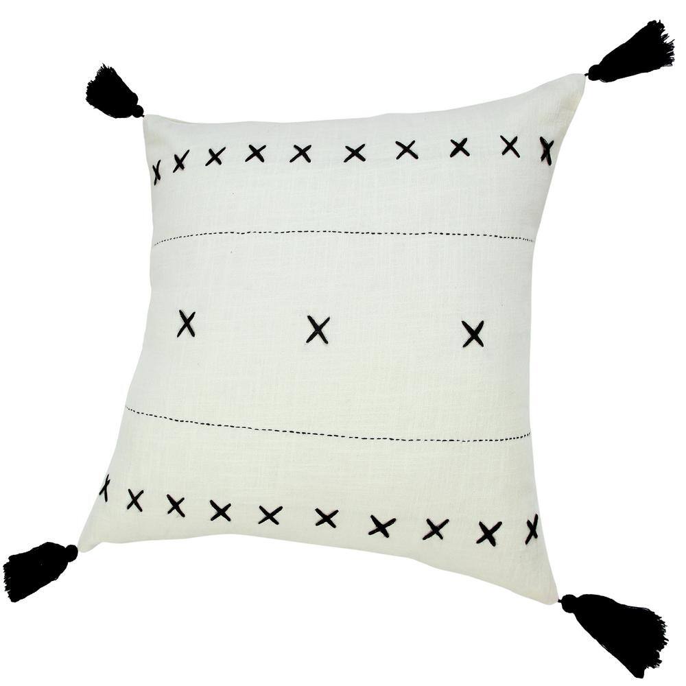 20" White and Black Embroidered Cotton Throw Pillow