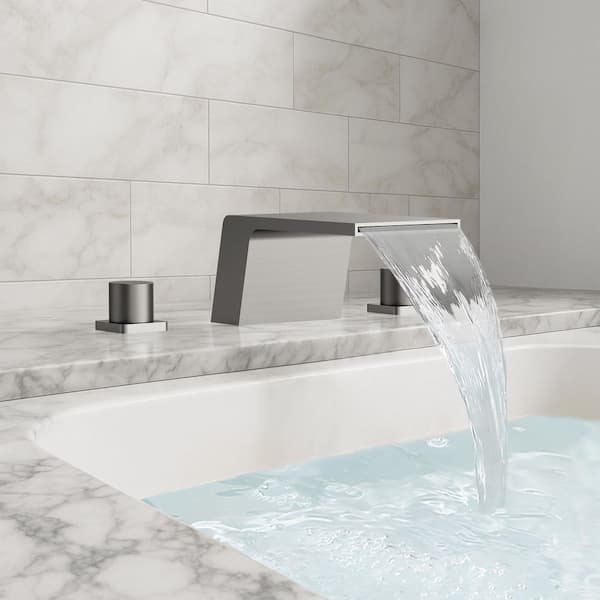 Modern Waterfall 2-Handle Tub Deck Mount Roman Tub Faucet with Anti-Slip Handles and Ceramic Cartridge in Brushed Nickel