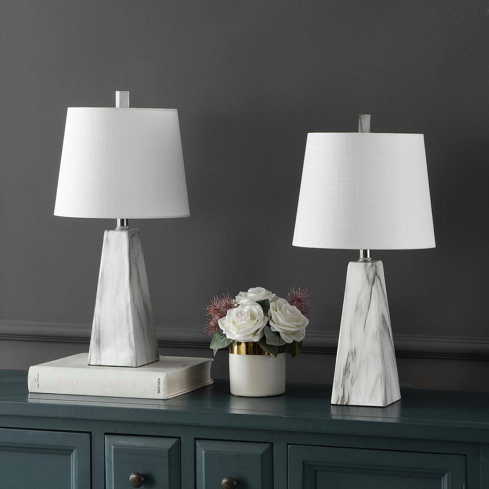 Owen 20.5" White Marble Finish Resin Table Lamp Set with Linen Shade
