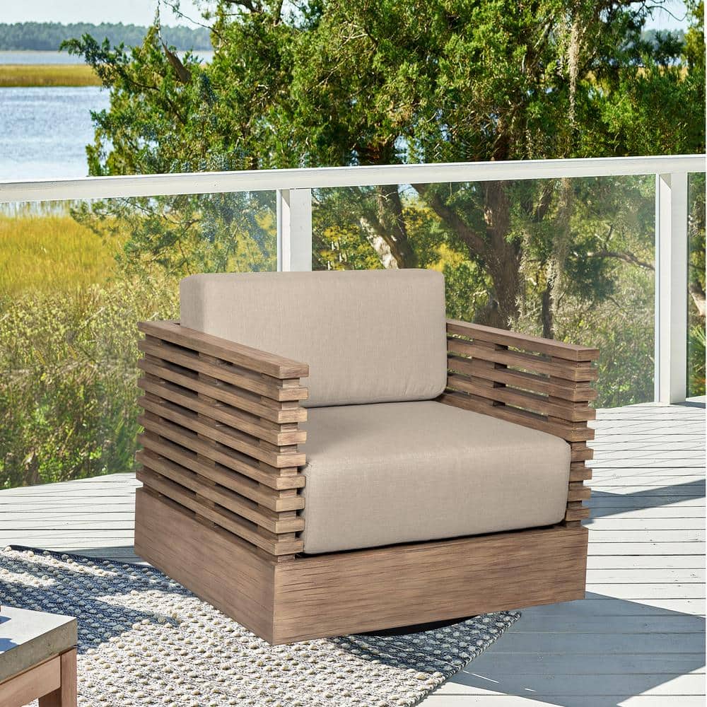 Vivid Light Brown Swivel Eucalyptus Wood Outdoor Lounge Chair with Taupe Cu