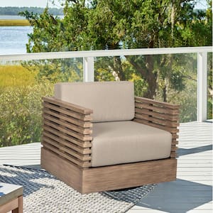 Vivid Light Brown Swivel Eucalyptus Wood Outdoor Lounge Chair with Taupe Cushion