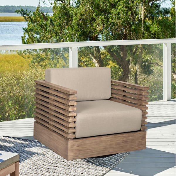 Armen Living Vivid Light Brown Swivel Eucalyptus Wood Outdoor Lounge Chair with Taupe Cushion