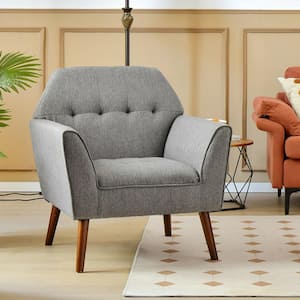 Grey Modern Tufted Fabric Accent Chair Upholstered Armchair with Rubber Wood Legs