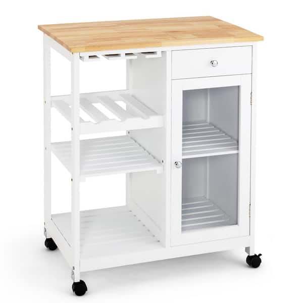Costway White Rolling Kitchen Island Wood Top Trolley Cart Storage Cabinet w/Shelf & Wine Rack