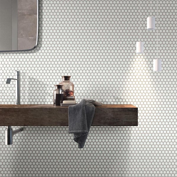Porcetile Hex White 10.24 in. x 11.82 in. Hexagon Glossy Porcelain Mosaic Wall and Floor Tile (8.4 sq. ft./Case)