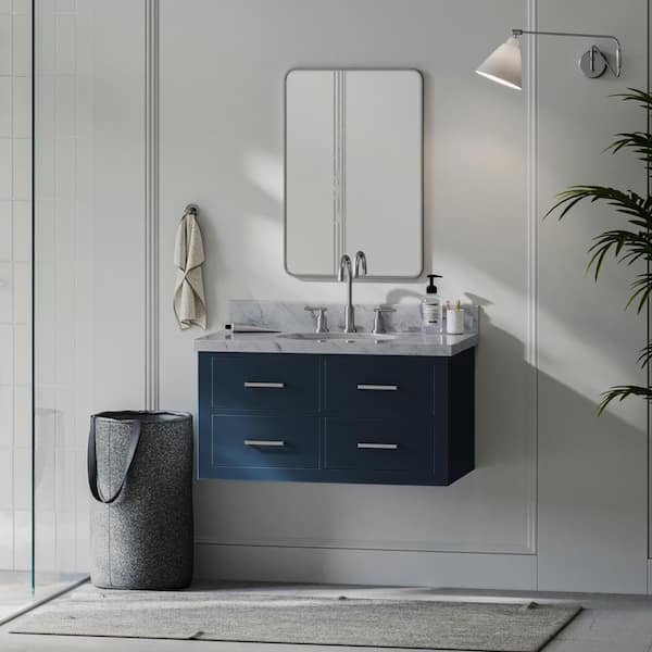 ARIEL Cambridge 37-in Midnight Blue Undermount Single Sink Bathroom Vanity  with Pure White Quartz Top in the Bathroom Vanities with Tops department at