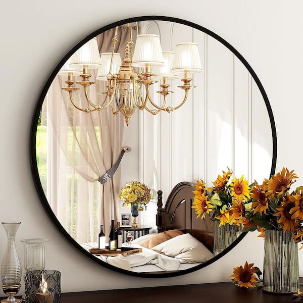 20 in. W x 20 in. H Round Black Vanity Mirror with Brushed Aluminum Alloy Frame Modern Decoration Wall Mirror
