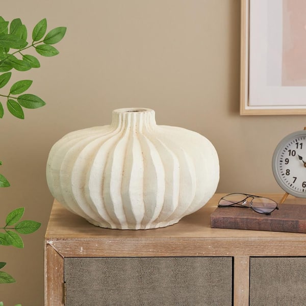 Litton Lane 9 in. White Magnesium Oxide Ceramic Round Decorative Vase