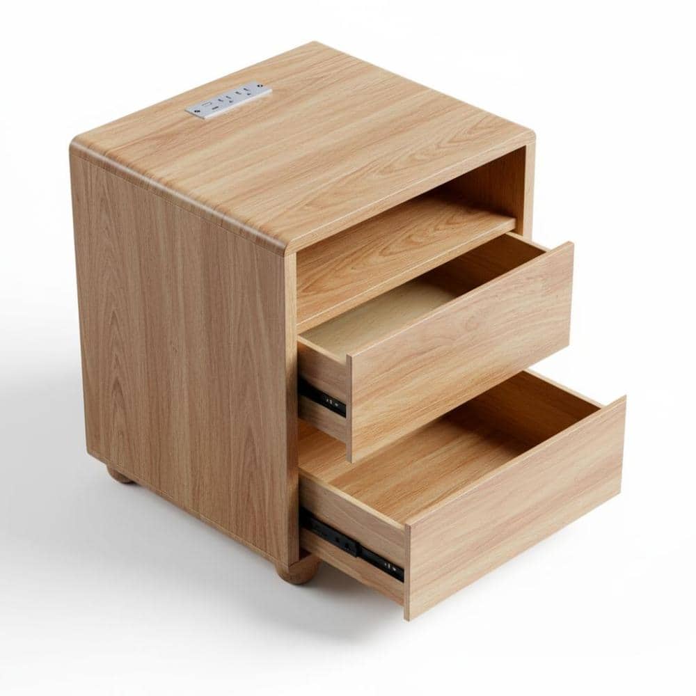 Natural Solid Wood 2 Drawers Nightstand w/Charger Station, Open
