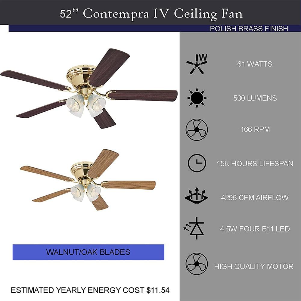 52'' Polished Brass Ceiling Fan with LED Lights and Reversible Blades