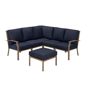 Geneva 6-Piece Brown Wicker Outdoor Sectional Sofa Seating Set with Ottoman and CushionGuard Midnight Navy Blue Cushions