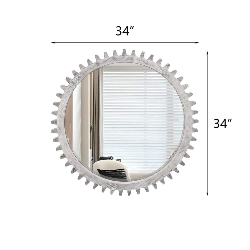 Antiqued White Distressed Wood Round Gear-Shaped Mirror 34" x 34"