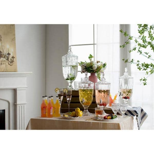 Clear Glass Diamond Pattern Lidded Drink Dispenser with Polished Silver Accents