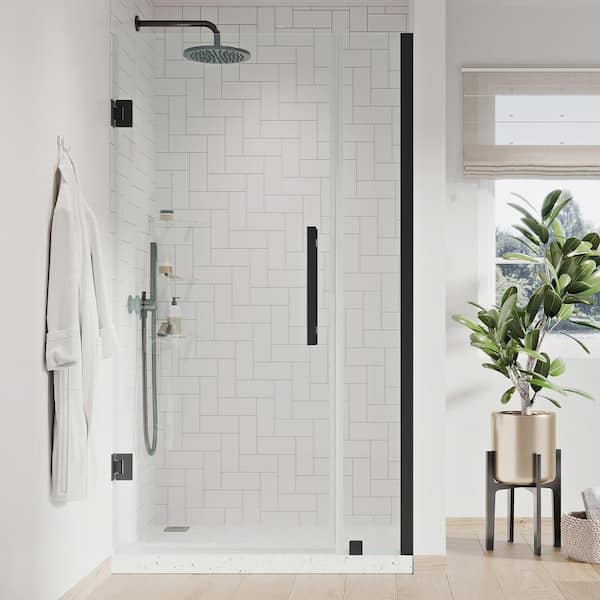 OVE Decors Tampa-Pro 33 1/16 in. W x 72 in. H Pivot Frameless Shower in Black with Shelves