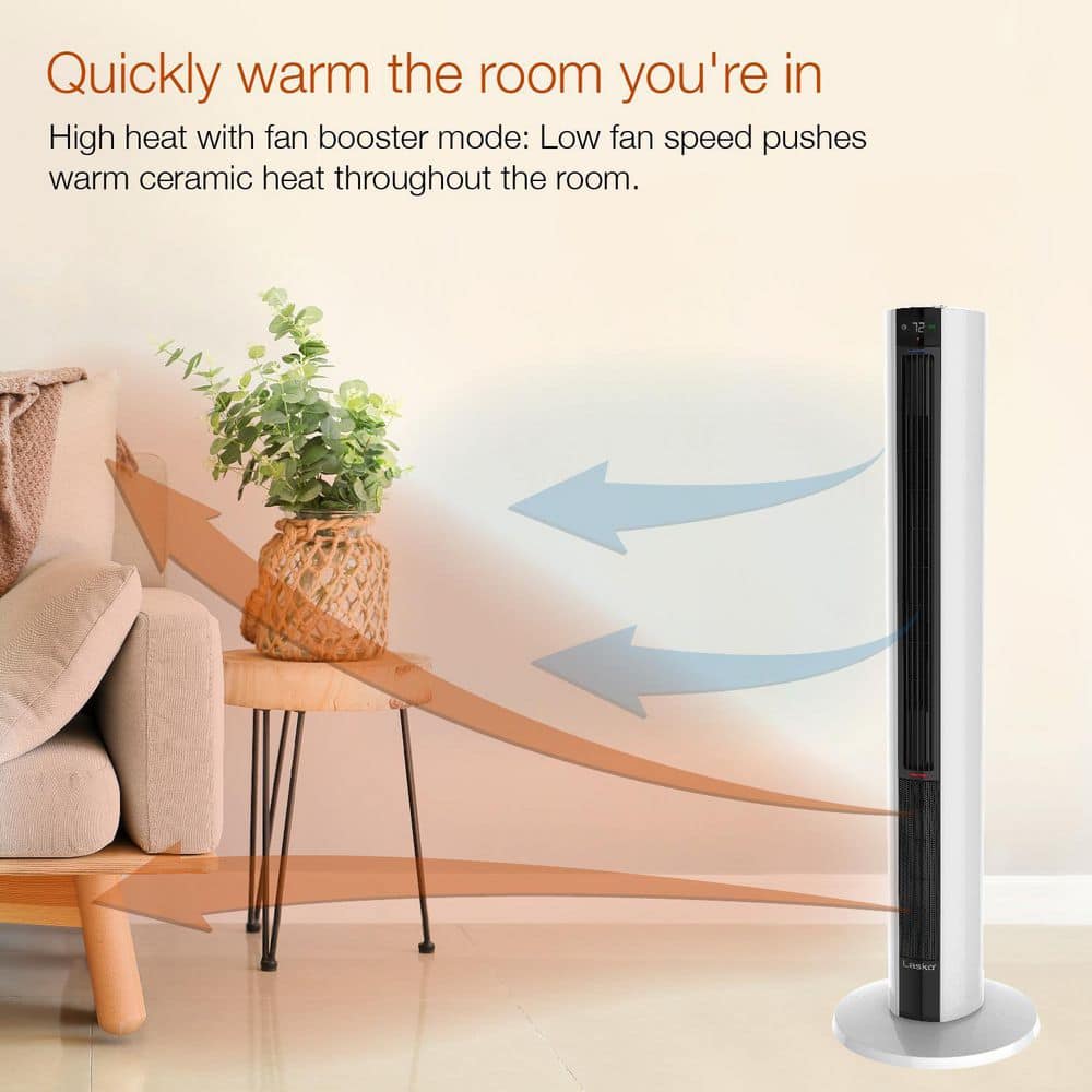 White Ceramic Tower Fan and Heater with Thermostat and Automatic Shut-off