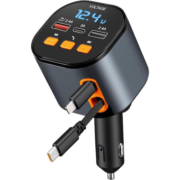 OBJLGEV 5-in-1 Retractable Car Charger 90W Bluetooth 5.3 FM Transmitter Adapter Handsfree Call with 2 Cables Black
