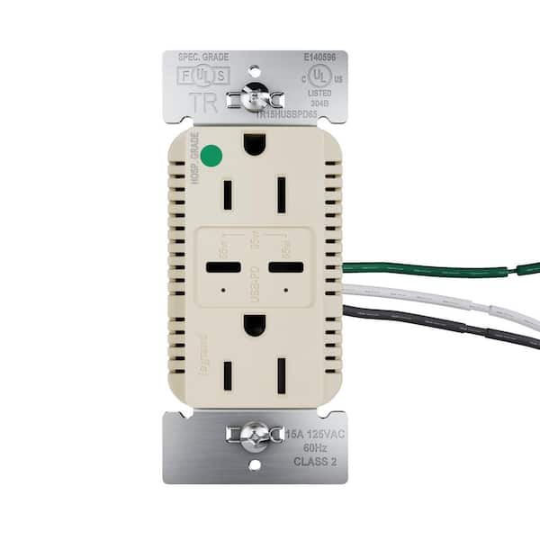 15 Amp Tamper Resistant 65-Watt Hospital Grade Power Delivery USB Type C Duplex Outlet Ivory