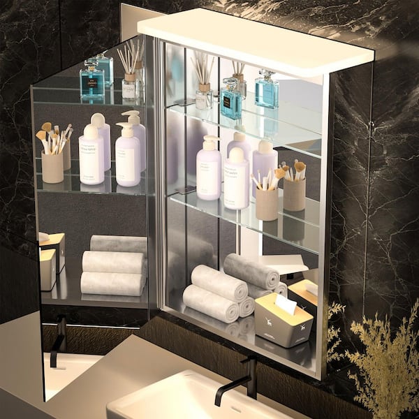 20 in. W x 28 in. H Rectangular Surface Mount LED Medicine Cabinet with Mirror Adjustable Shelves and Hidden Hinges