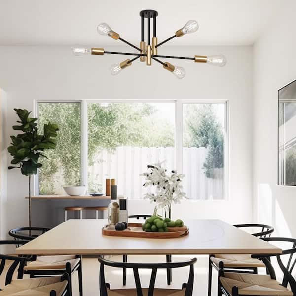 32.7 in. 6-Light Black Sputnik Semi Flush Mount Modern Chandeliers for bedrooms, dining room light fixture
