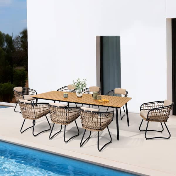 Pellebant 9-Piece Aluminum Wicker Outdoor Dining Set with Beige Cushion