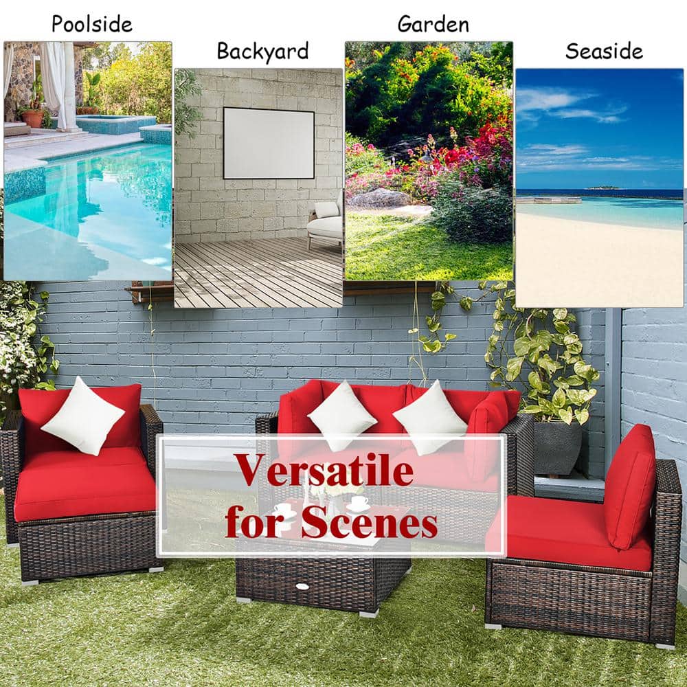 6-Piece Red Cushioned PE Rattan Outdoor Sectional Sofa Set