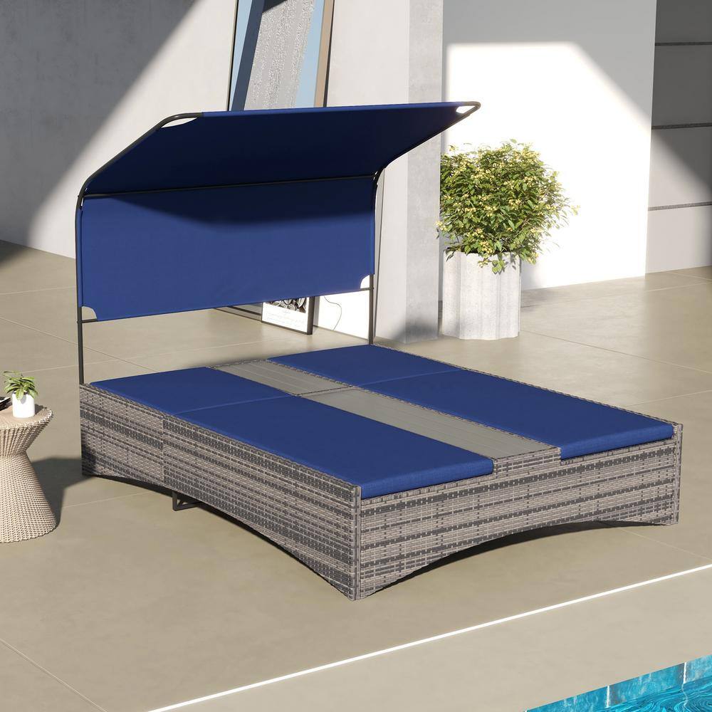 Gray Steel Double Chaise Lounge with Blue Cushions and Canopy