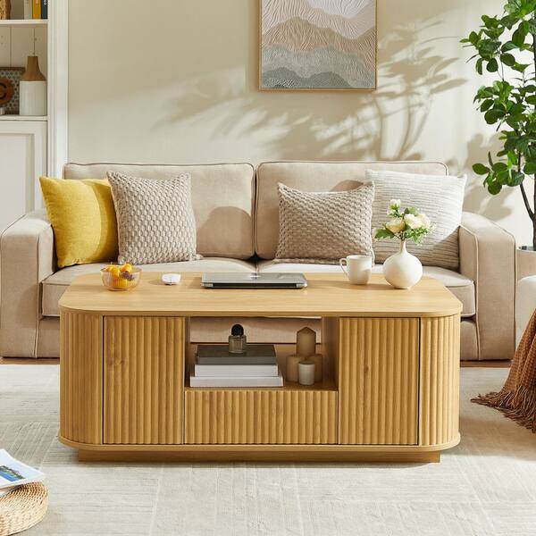 Blair Modern 46.5 in. Oval Brown MDF Wood Coffee Table with Drawers and Storage, Fluted Panel, Curved Contour, Natural