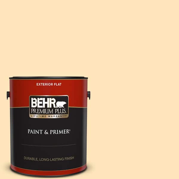 BEHR PREMIUM PLUS 1 gal. #BIC-28 Butter Creme Flat Exterior Paint & Primer