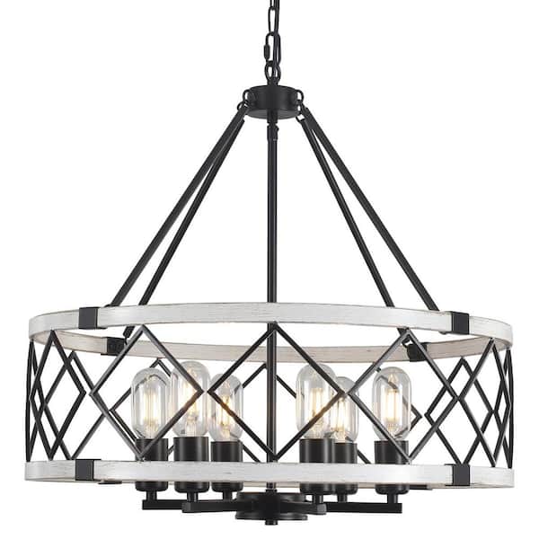 6-Light Black and Antique Distressed Beige Farmhouse Chandeliers Drum Chandelierwith Metal Shade for Dining Rooms