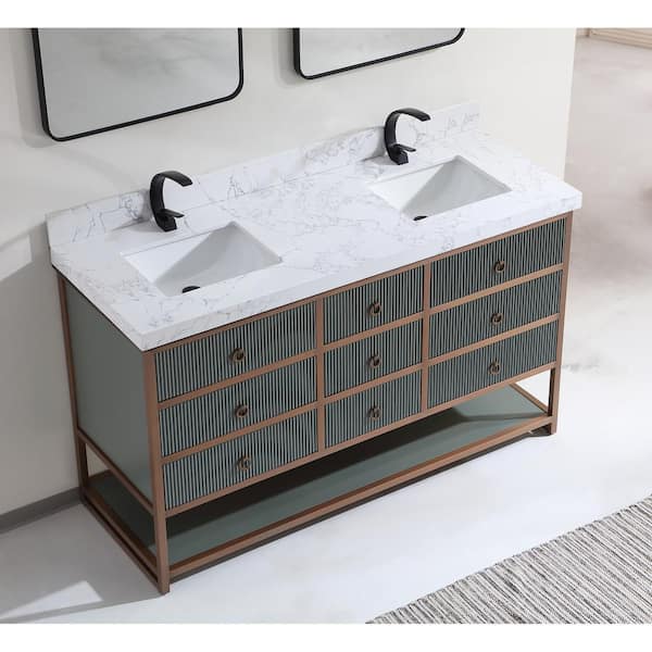 WK2438-72-PG 72 in. Double Sink Sink Vanity Pewter Green Bath Vanity with 2 in. White Artificial Stone Top