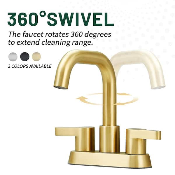 Rotatable 4 in. Centerset Double Handle Bathroom Faucet with Drain Kit Included in Brushed Gold